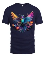 Vibrant Nature’s Flight Tee Rainbow Hummingbird with Flowers and Butterflies T-Shirt - navy t-shirt on white background