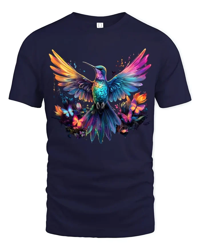 Vibrant Nature’s Flight Tee Rainbow Hummingbird with Flowers and Butterflies T-Shirt - navy t-shirt on white background
