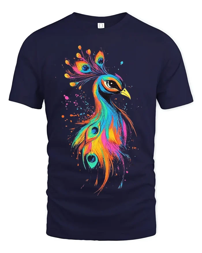 Vibrant Bird Tee Watercolor Rainbow Peacock Graphic T-Shirt for Peacock Fans - navy t-shirt on white background