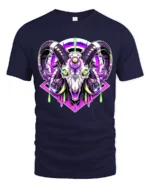 Cyber Ram Skull T-Shirt Neon Goat Head Graphic Tee for Alternative Fashion - navy t-shirt on white background