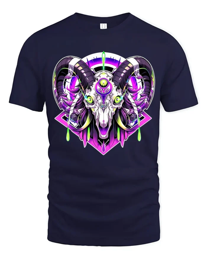 Cyber Ram Skull T-Shirt Neon Goat Head Graphic Tee for Alternative Fashion - navy t-shirt on white background