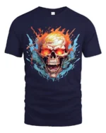 Inferno Skull T-Shirt Flaming Ghost Rider Graphic Tee for Metalheads - navy t-shirt on white background