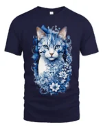 Azure Floral Cat Tee Elegant Blue Kitten with Flowers T-Shirt for Cat People - navy t-shirt on white background