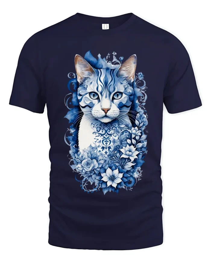 Azure Floral Cat Tee Elegant Blue Kitten with Flowers T-Shirt for Cat People - navy t-shirt on white background