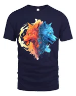 Fire and Ice Wolves T-Shirt Dual Wolf Spirit Graphic Tee for Bold Style - navy t-shirt on white background