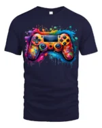 Splash Gamer Tee Vibrant Colorful Controller T-Shirt for Video Game Fans - navy t-shirt on white background