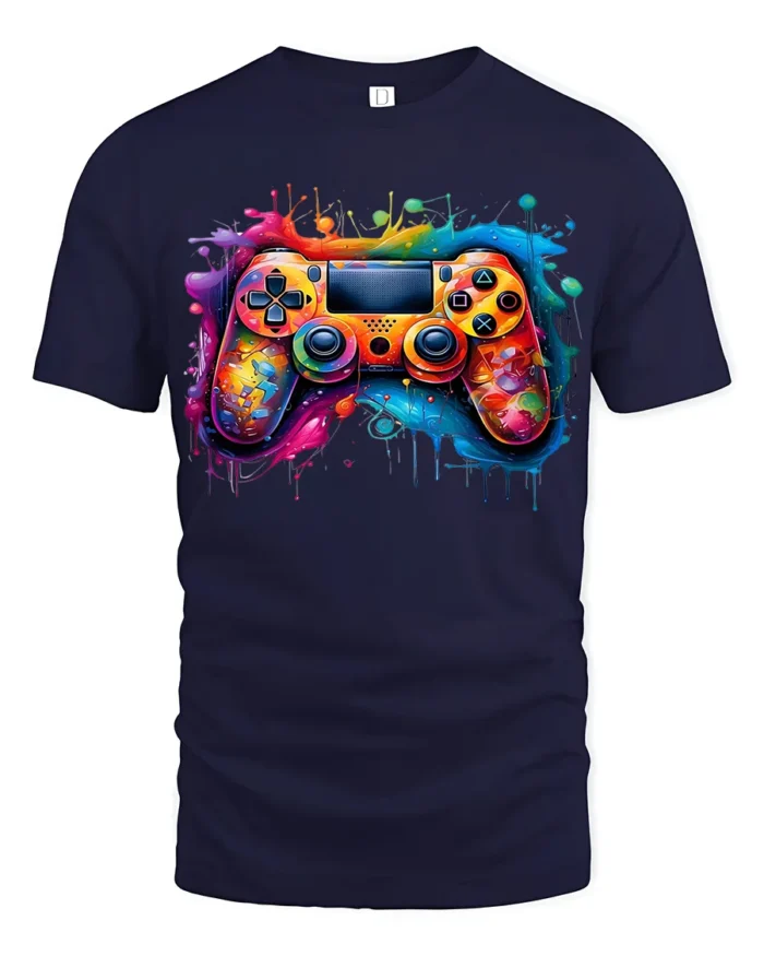 Splash Gamer Tee Vibrant Colorful Controller T-Shirt for Video Game Fans - navy t-shirt on white background