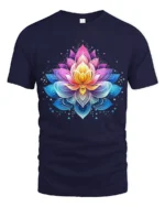 Gradient Lotus Tee Vibrant Ombre Flower T-Shirt for Yoga Zen Meditation - navy t-shirt on white background