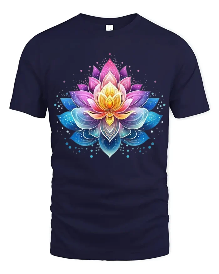 Gradient Lotus Tee Vibrant Ombre Flower T-Shirt for Yoga Zen Meditation - navy t-shirt on white background