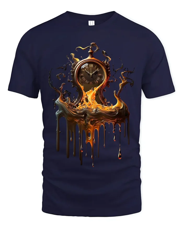 Melting Time T-Shirt Surreal Pocket Watch Graphic Tee for Art Lovers - navy t-shirt on white background