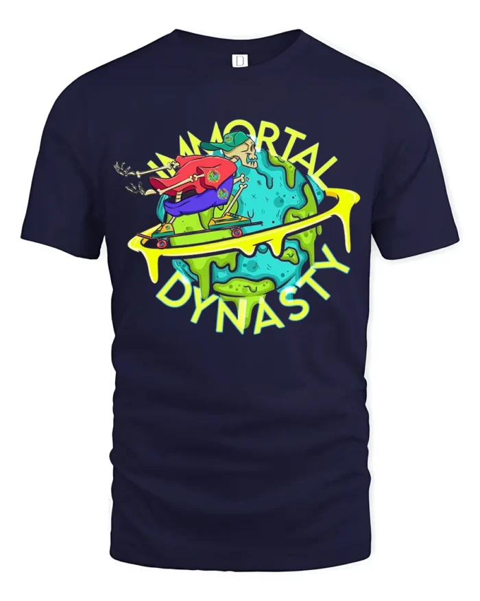 Skateboarding Skull Tee Immortal Dynasty Funny Apocalypse T-Shirt for All - navy t-shirt on white background
