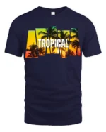 Tropical Sunset Palm Tree T-Shirt Island Vacation Beach Tee for Summer Vibes - navy t-shirt on white background