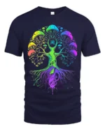 Psychedelic Shroom Chakra Tree Yoga Zen T-Shirt Colorful Fungi Forest Tee for US Explorers - navy t-shirt on white background