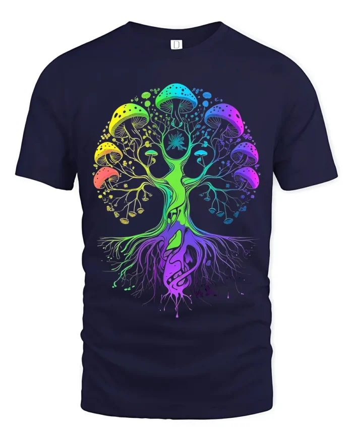 Psychedelic Shroom Chakra Tree Yoga Zen T-Shirt Colorful Fungi Forest Tee for US Explorers - navy t-shirt on white background