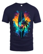 Colorful Surf Vibes T-Shirt Palm Tree and Sunset Graphic Tee for Summer Days - navy t-shirt on white background