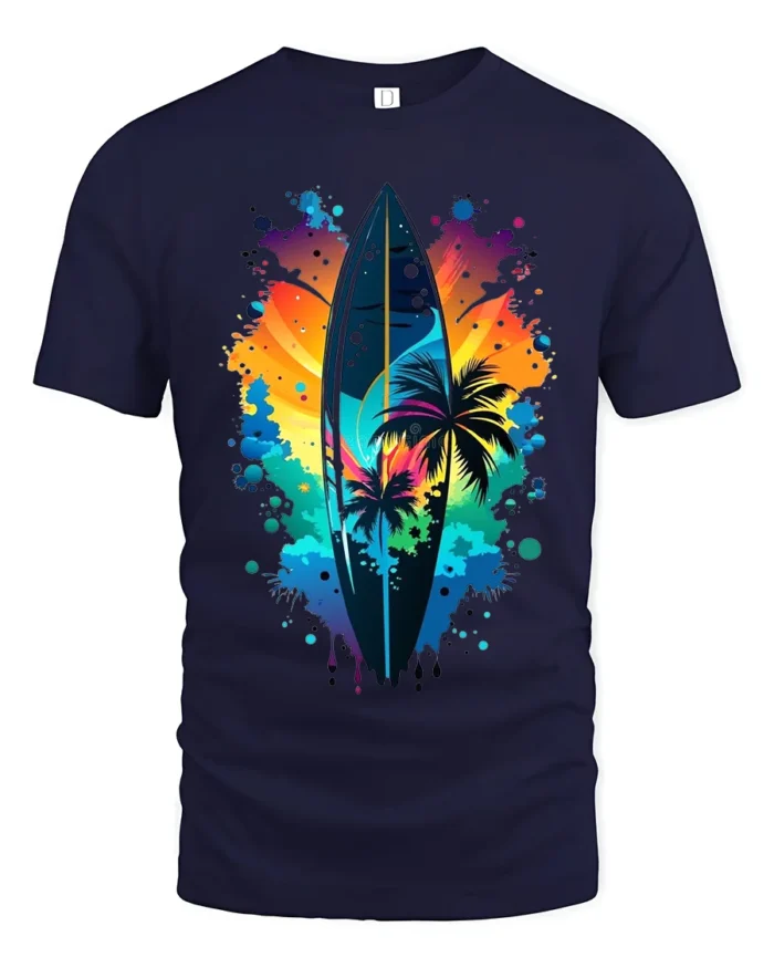Colorful Surf Vibes T-Shirt Palm Tree and Sunset Graphic Tee for Summer Days - navy t-shirt on white background