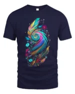 Colorful Feather Spiral Artistic Floral Print Tee for Boho Style Lovers T-Shirt - navy t-shirt on white background