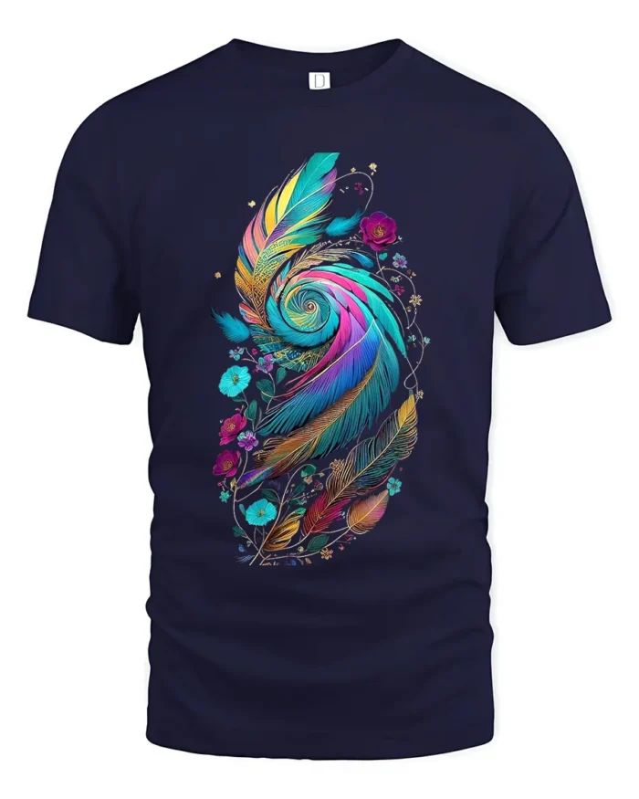 Colorful Feather Spiral  Artistic Floral Print Tee for Boho Style Lovers T-Shirt - navy t-shirt on white background