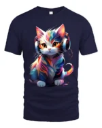 T-Shirt Music Cat Graphic Bright Artistic DJ Kitty Tee for Trendy Pet Fans - navy t-shirt on white background