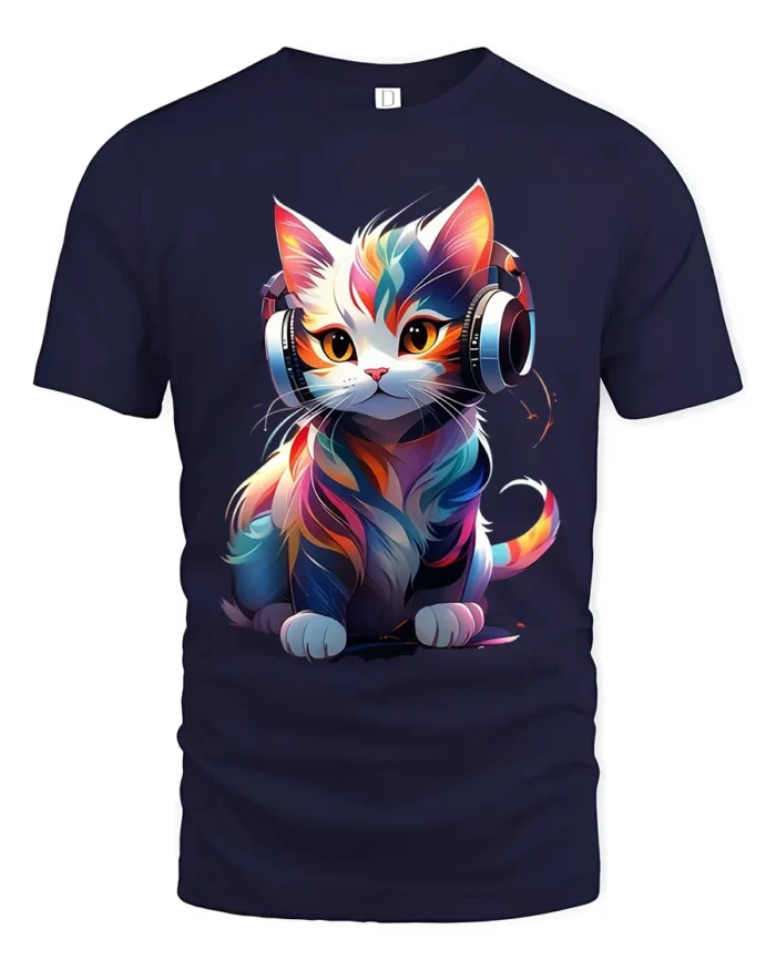 T-Shirt Music Cat Graphic Bright Artistic DJ Kitty Tee for Trendy Pet Fans - navy t-shirt on white background
