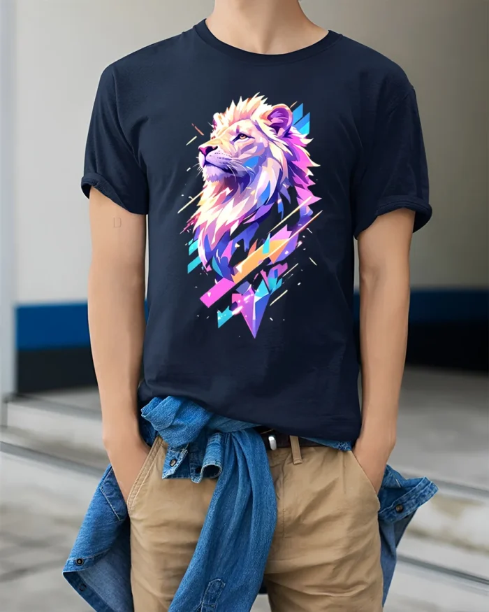 Majestic Neon Lion Graphic Bold Vibrant T-Shirt - model wearing navy shirt, hands in pockets