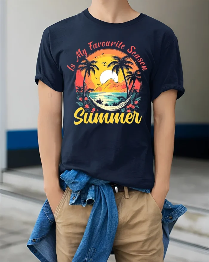 Summer Favourite Season T-Shirt Tropical Beach Vacation Tee for Sunshine Lovers - model wearing navy shirt, hands in pockets