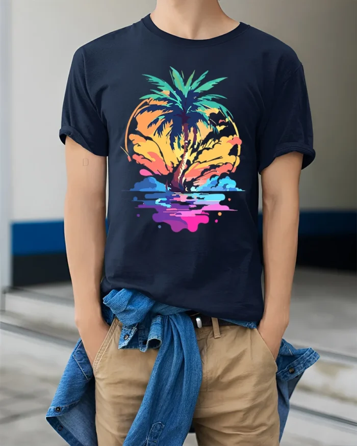 Vibrant Palm Sunset T-Shirt Abstract Tropical Beach Graphic Tee for Summer Vibes - model wearing navy shirt, hands in pockets