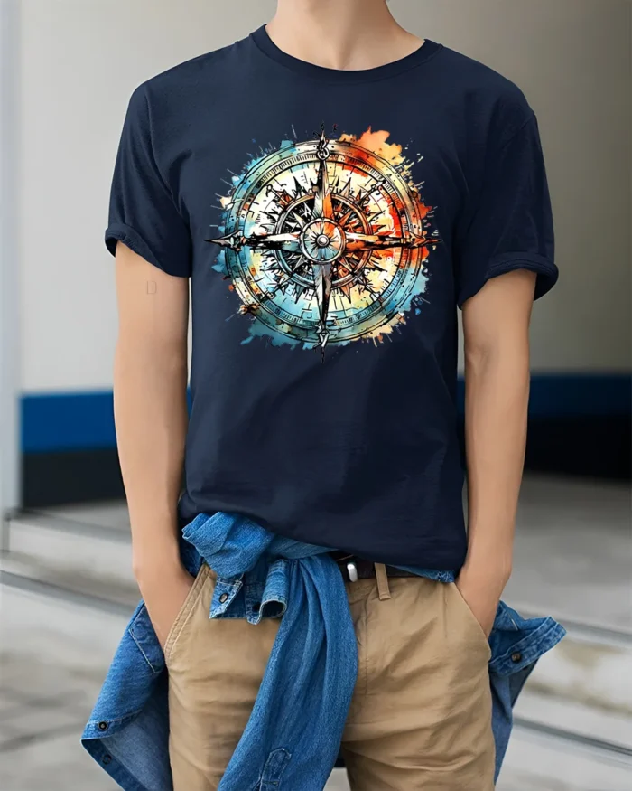 Watercolor Compass T-Shirt Artistic Nautical Travel Tee for Adventure Seekers - model wearing navy shirt, hands in pockets