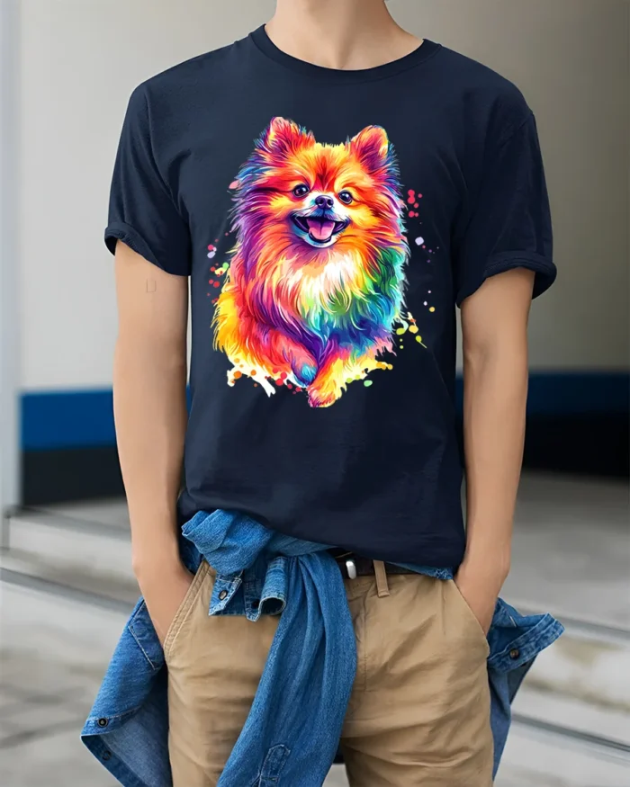 Colorful Pom Abstract Watercolor Pomeranian T-Shirt for Dog Fans - model wearing navy shirt, hands in pockets
