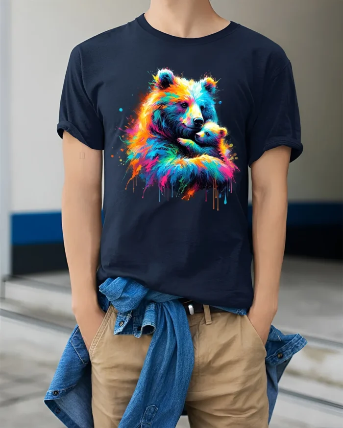 Colorful Bear Hug Tee Abstract Watercolor Mother and Baby Bear T-Shirt for US - model wearing navy shirt, hands in pockets