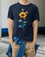 Sunflower Butterfly Tee Vibrant Floral Insect T-Shirt for Nature Lovers - model wearing navy shirt, hands in pockets
