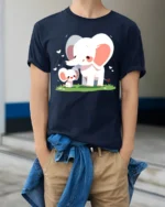 Cute Elephant Family T-Shirt Mommy and Baby Elephant Love Graphic Tee for US - model wearing navy shirt, hands in pockets