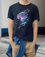 Colorful Tiger Graphic T-Shirt Abstract Big Cat Art Tee for Bold Individuals - model wearing navy shirt, hands in pockets
