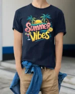 Cool Summer Vibes T-Shirt Retro Beach Sunset Tee with Palm Trees Drink - model wearing navy shirt, hands in pockets