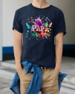 Colorful Papa Butterfly Tee Vibrant Father’s Day T-Shirt with Butterfly Art - model wearing navy shirt, hands in pockets