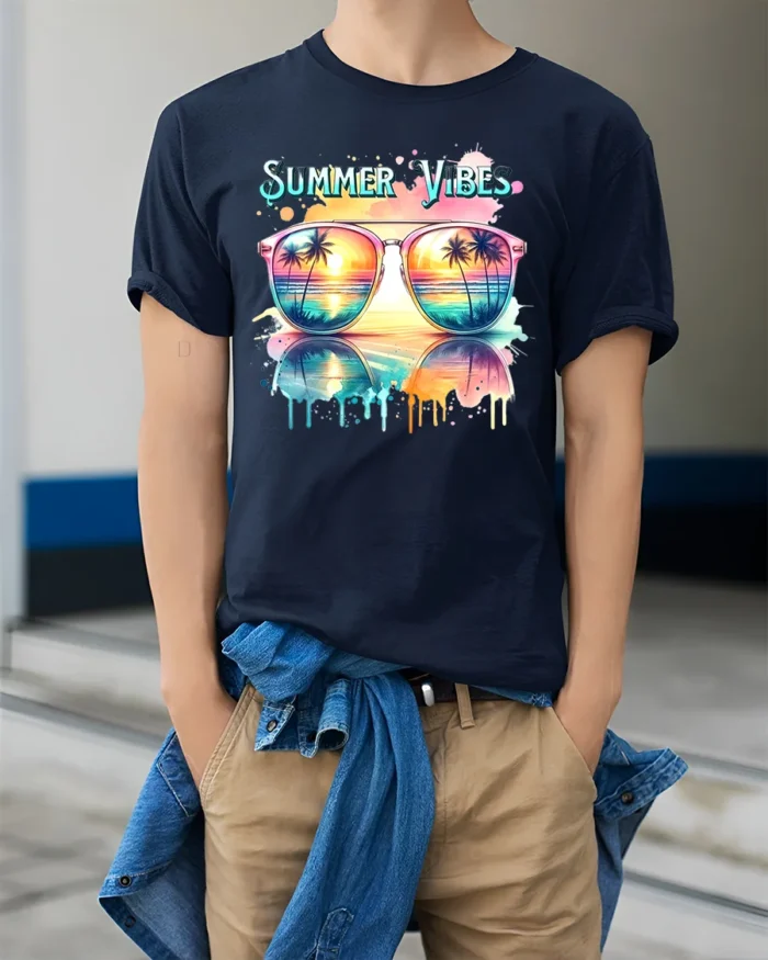 Summer Vibes Sunglasses Tee Tropical Beach T-Shirt for Sunshine Lovers - model wearing navy shirt, hands in pockets