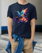 Rainbow Hummingbird Tee Vibrant Floral Butterfly T-Shirt for Nature Lovers - model wearing navy shirt, hands in pockets