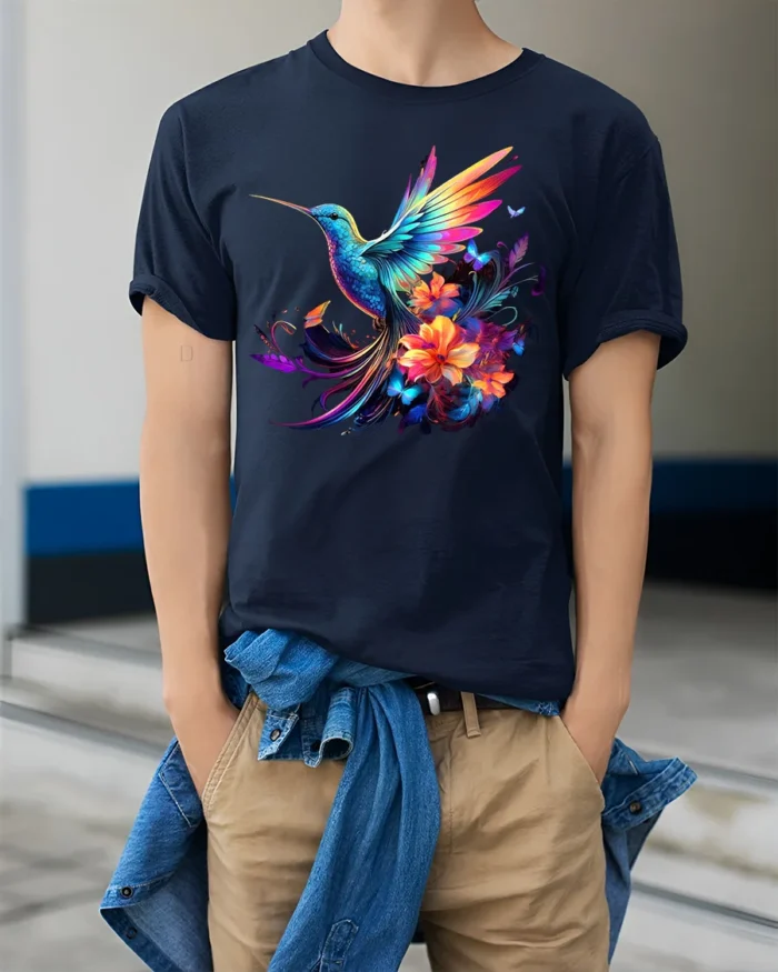 Rainbow Hummingbird Tee Vibrant Floral Butterfly T-Shirt for Nature Lovers - model wearing navy shirt, hands in pockets