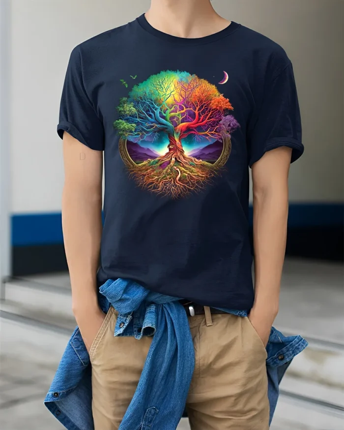 Vibrant Life Tree Yoga Zen Tee Rainbow Colored Spiritual Nature T-Shirt for All - model wearing navy shirt, hands in pockets