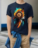 Nautical Feather T-Shirt Artistic Compass Graphic Tee for Explorers and Dreamers - model wearing navy shirt, hands in pockets