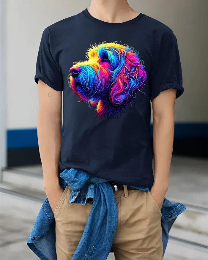 Rainbow Otterhound Tee Vibrant Abstract Dog T-Shirt for Otterhound Lovers - model wearing navy shirt, hands in pockets