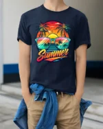Retro Summer Vibes Tee Sunset Beach Sunglasses T-Shirt for Vacation Lovers - model wearing navy shirt, hands in pockets
