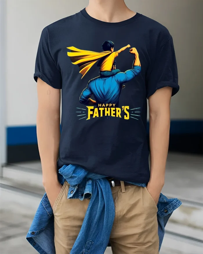 Superhero Dad Son Tee Happy Father’s Day T-Shirt for Super Dads - model wearing navy shirt, hands in pockets