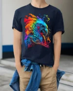 Colorful Parrot Explosion T-Shirt Vibrant Tropical Bird Tee for Summer Fun - model wearing navy shirt, hands in pockets