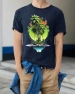 Tropical Island Reflection Tee Abstract Palm Tree Beach T-Shirt for Vacation - model wearing navy shirt, hands in pockets