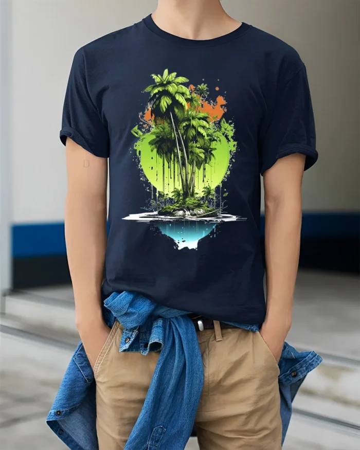 Tropical Island Reflection Tee Abstract Palm Tree Beach T-Shirt for Vacation - model wearing navy shirt, hands in pockets