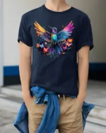 Vibrant Nature’s Flight Tee Rainbow Hummingbird with Flowers and Butterflies T-Shirt - model wearing navy shirt, hands in pockets
