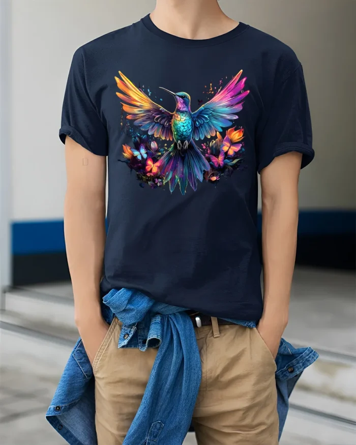 Vibrant Nature’s Flight Tee Rainbow Hummingbird with Flowers and Butterflies T-Shirt - model wearing navy shirt, hands in pockets
