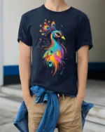 Vibrant Bird Tee Watercolor Rainbow Peacock Graphic T-Shirt for Peacock Fans - model wearing navy shirt, hands in pockets