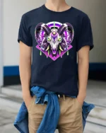 Cyber Ram Skull T-Shirt Neon Goat Head Graphic Tee for Alternative Fashion - model wearing navy shirt, hands in pockets